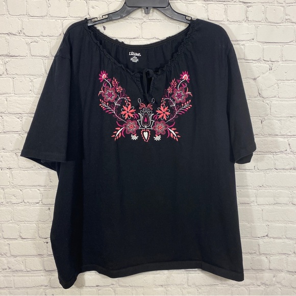 Liz & Me Womens Shirt 3X 26/28W Black Embroidered Floral Short Sleeve Stretch - Picture 1 of 6